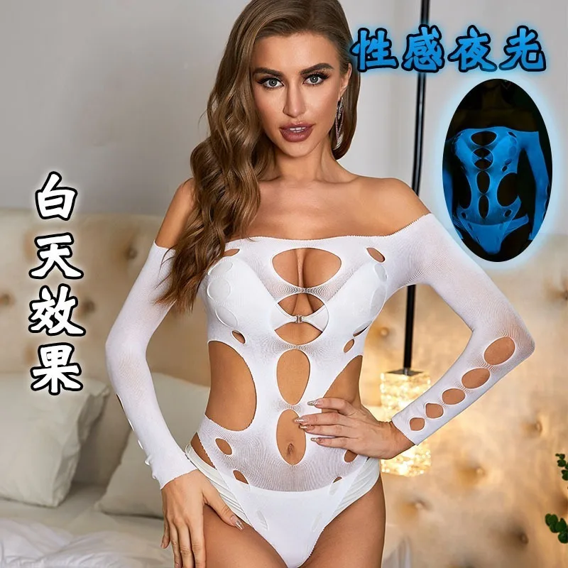 توهج الظلام بوديستوكينج المرأة شبكة صيد السمك مجموعة الملابس الداخلية انظر من خلال شبكة Catsuit شير بوستير تيدي كلوبوير زي الحفلات