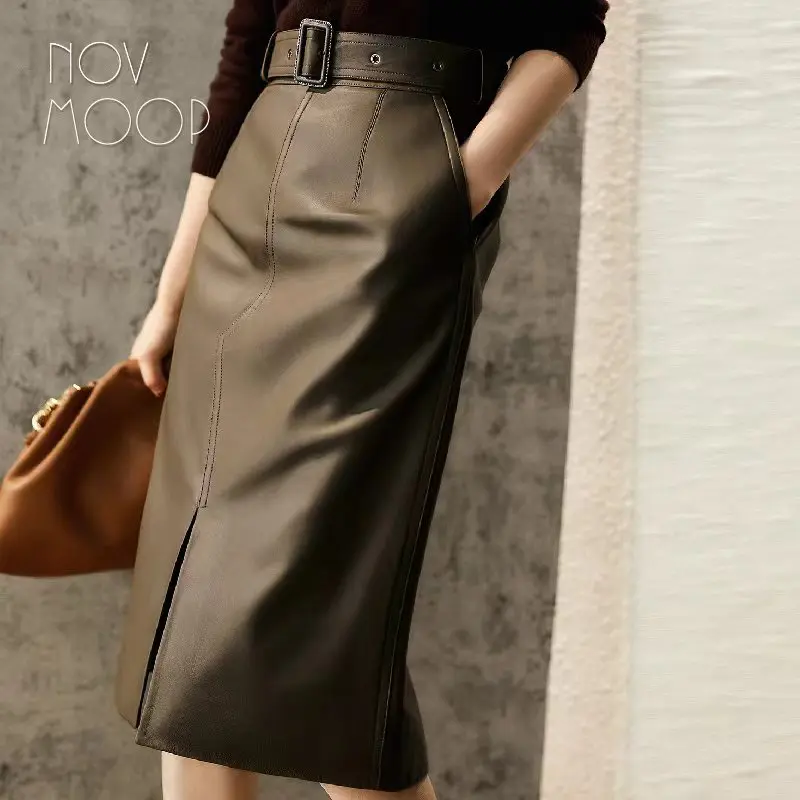 

Novmoop genuine leather women skirt authentic sheepskin elegant french simple style office lady birthday gift LT3584