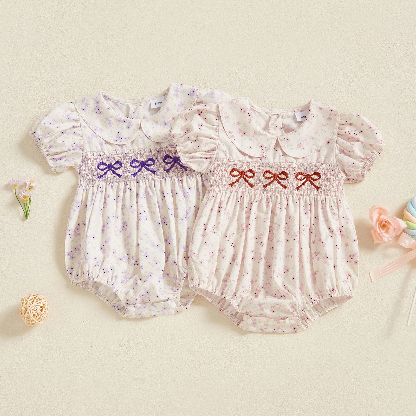 FOCUSNORM 3 Colors Lovely Baby Girls Rompers Bowknot Embroidered Print Doll Collar Short Sleeve Jumpsuits Summer Clothes