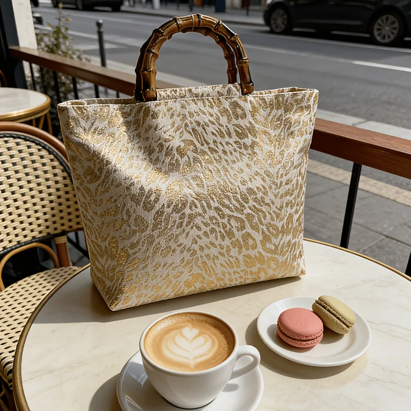 Women's Large Capacity Gold-Foil Leaf Tote Bag, Bamboo Handle Lightweight Luxury Vintage Shoulder Bag, Daily Commuting image 5