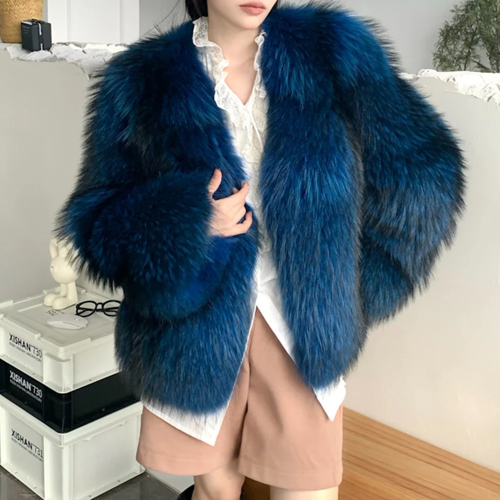 

Real Fur Coat for Women Natural Raccoon Fur Jacket Short 50cm V-neck Long Sleeve Full Pelt Whole Skin Thick Streetwear Winter