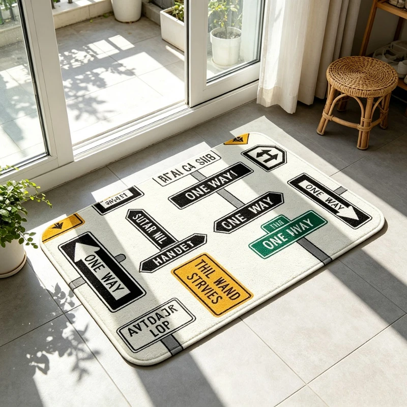 Retro Road Traffic Marker Decorative Floor Rug,  Absorbent Bath Mat, Indoor Entrance Bedroom Living Room Balcony Decor Carpet