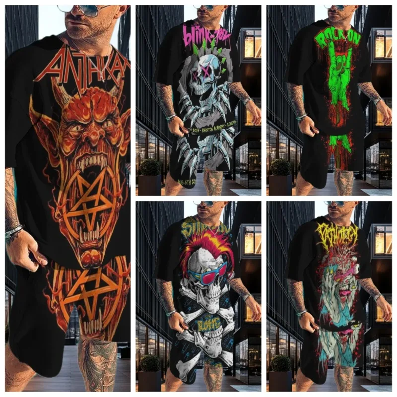 

2025 New Summer Terror Skull 3D Printed Fashion Street Style Shorts Round Neck T-shirt Set Polyester Fiber Two Piece Set