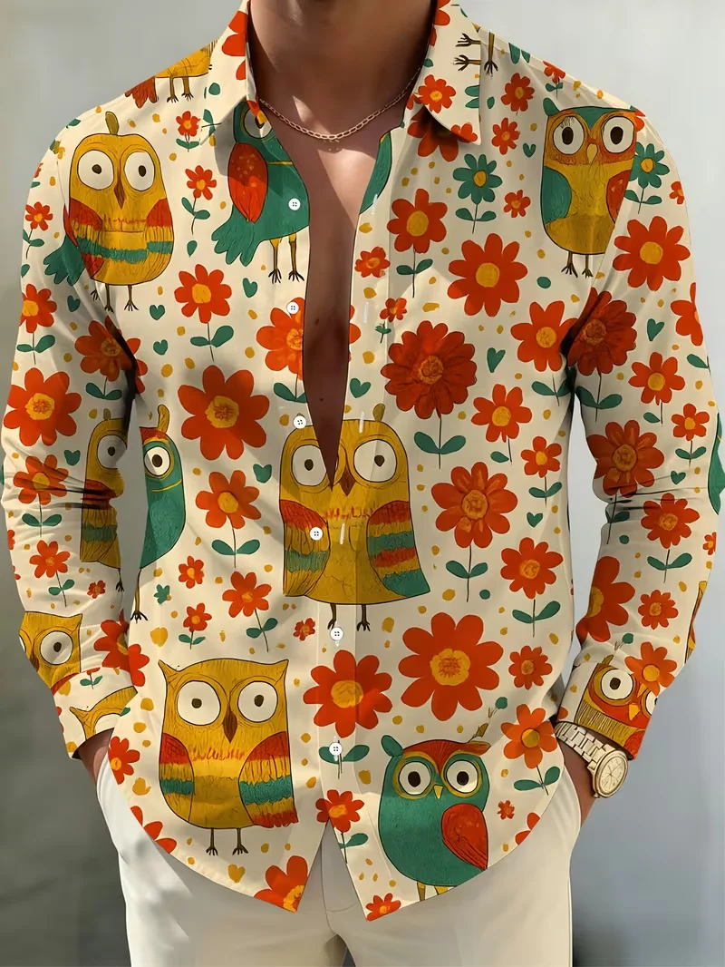 New men's warm brown floral vine western style printed long sleeved shirt smooth satin lapel vacation top