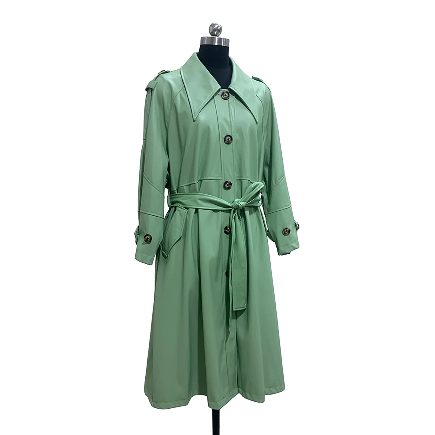 Nerazzurri Loose Casual Long Mint Green PU Leather Jacket Women's Korean Style High-End Feelings No Fur Collar Leather Coat