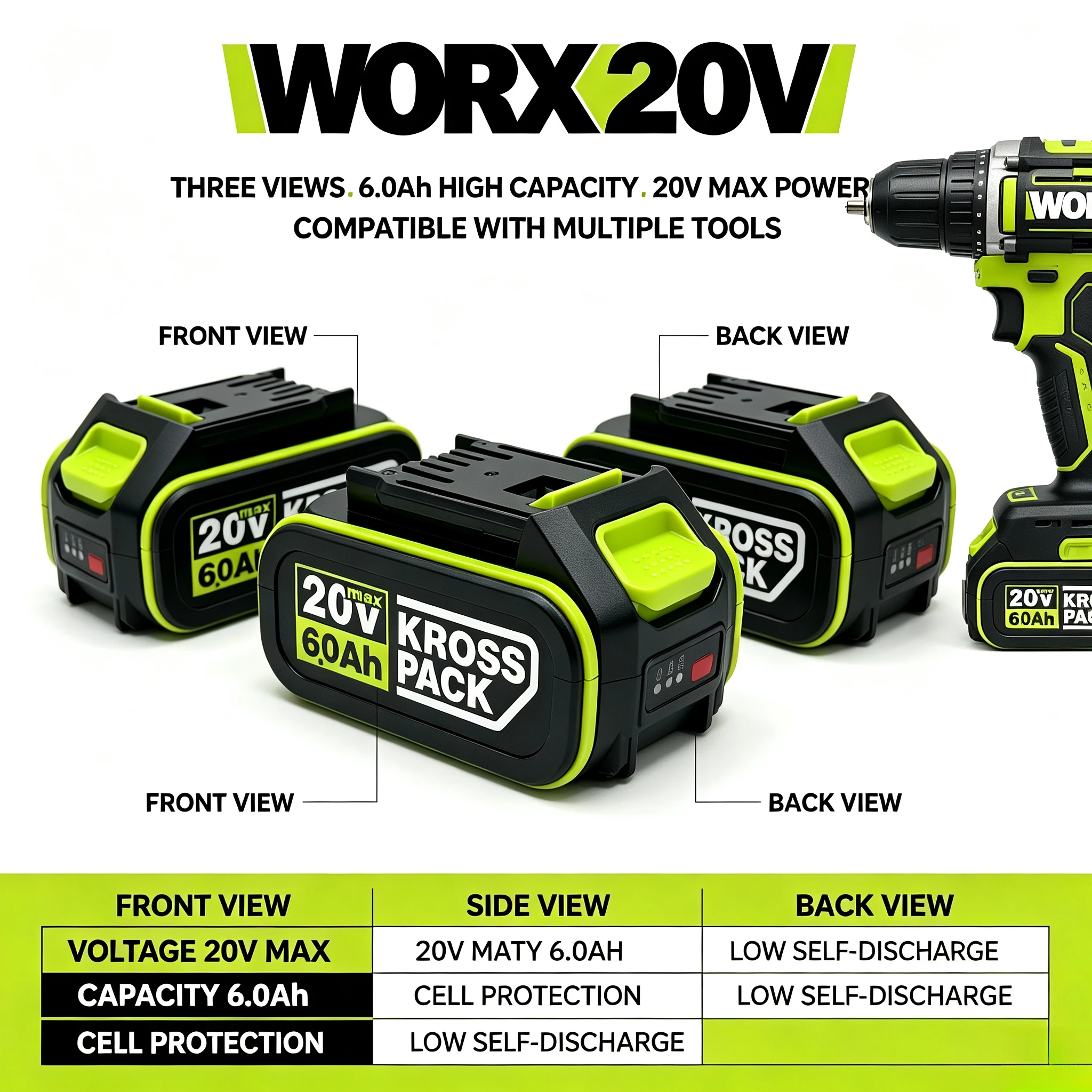 WORX 6.0Ah 20V Lithium Battery WA3551 Power Tool Battery Pack LED Power Display Stable Current for Auto and Wood Repair
