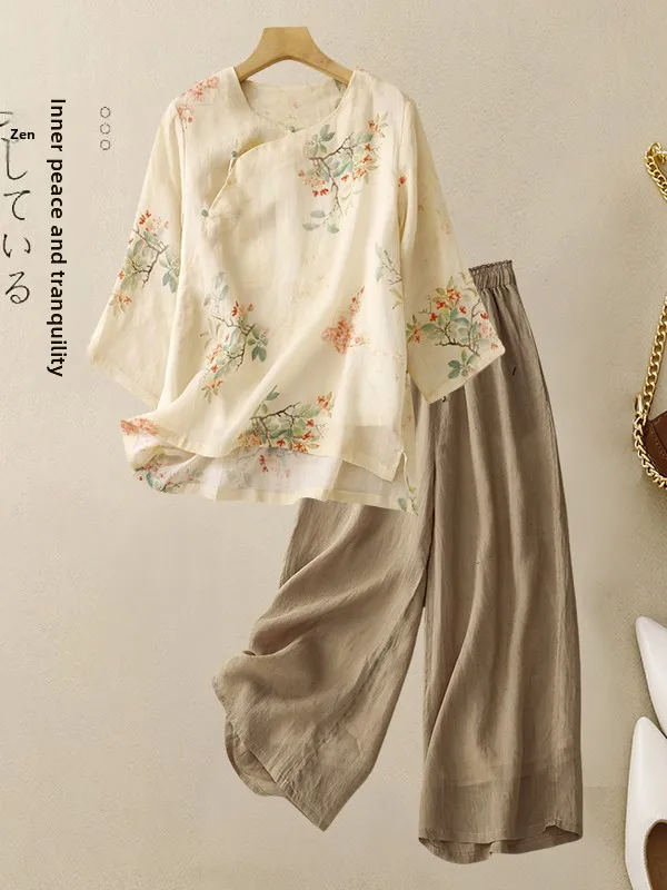 Ensemble tendance nationale Hanfu chinois pour femmes, haut imprimé en coton et lin amélioré, pantalon décontracté à jambes larges, ensemble deux pièces, nouvelle collection