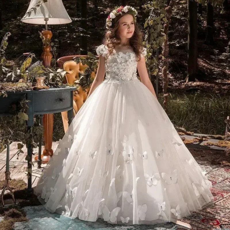 Farfalla Formal Girl Dress Flower Girl Dresses Applique prima comunione Party Prom Princess Gown damigella d'onore Wedding With Train