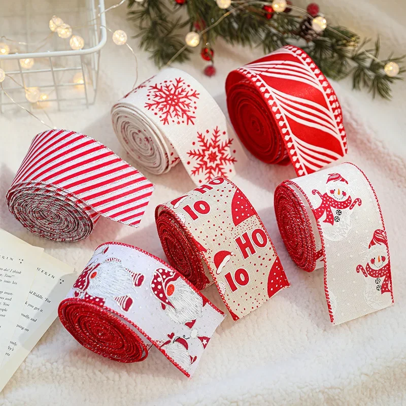 

2M Red White Christmas Ribbon Polyester Hot Stamped Linen Print for Home Decoration Bow Gift Wrapping New Year's Festive Ribbon