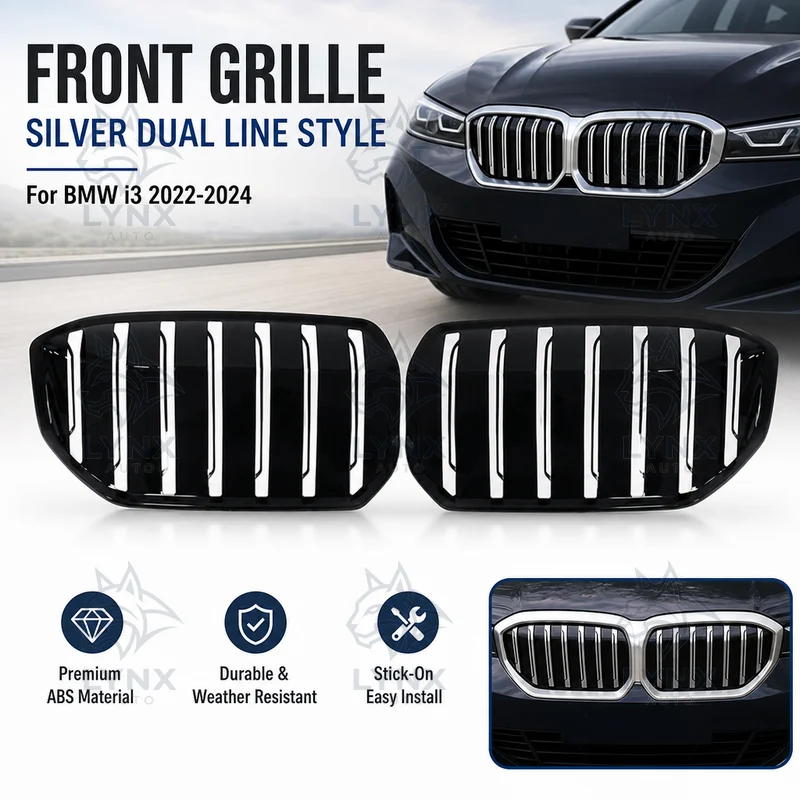 Aftermarket For BMW Electric i3 2022-2024 Stick-On Vertical Bar Split Type Silver Dual Line Style Front Grille