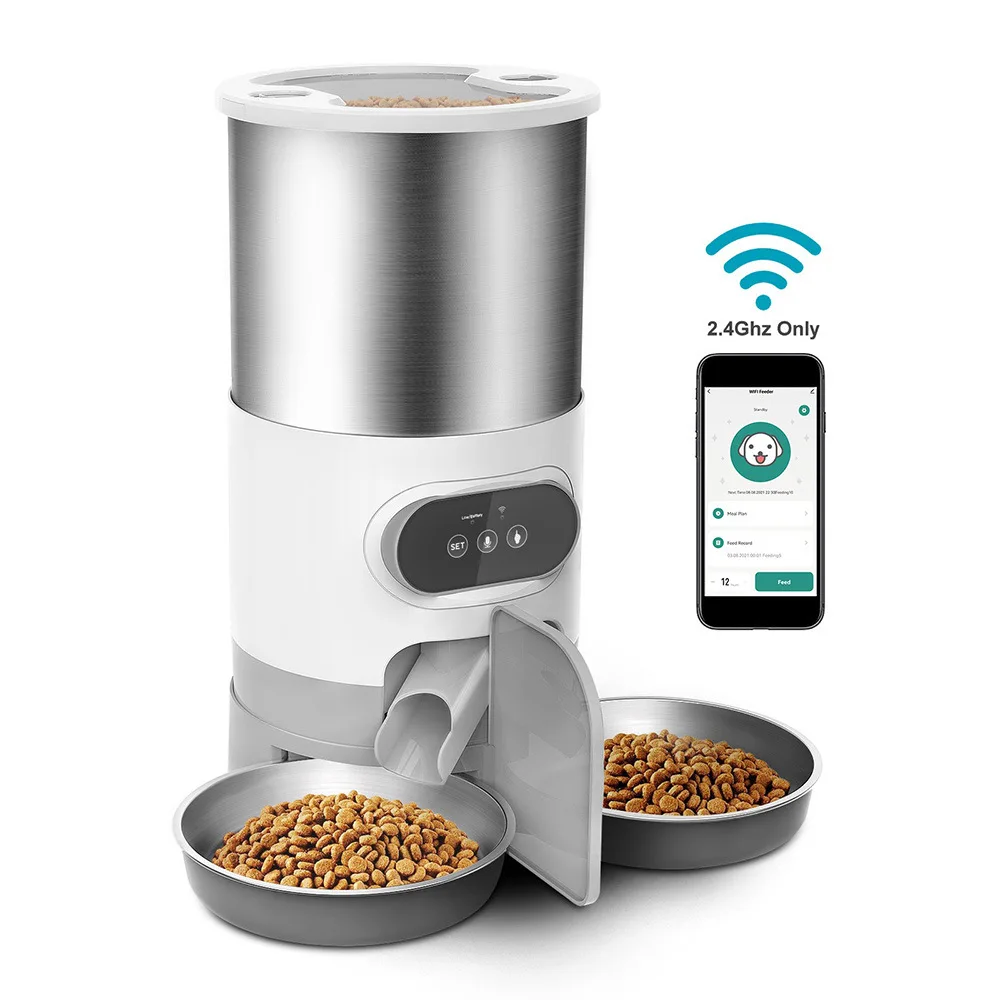 

4.5L Stainless Steel Smart Pet Feeder With WiFi Control Two-Way Splitter Double Pet Bowls Automatic Feeder