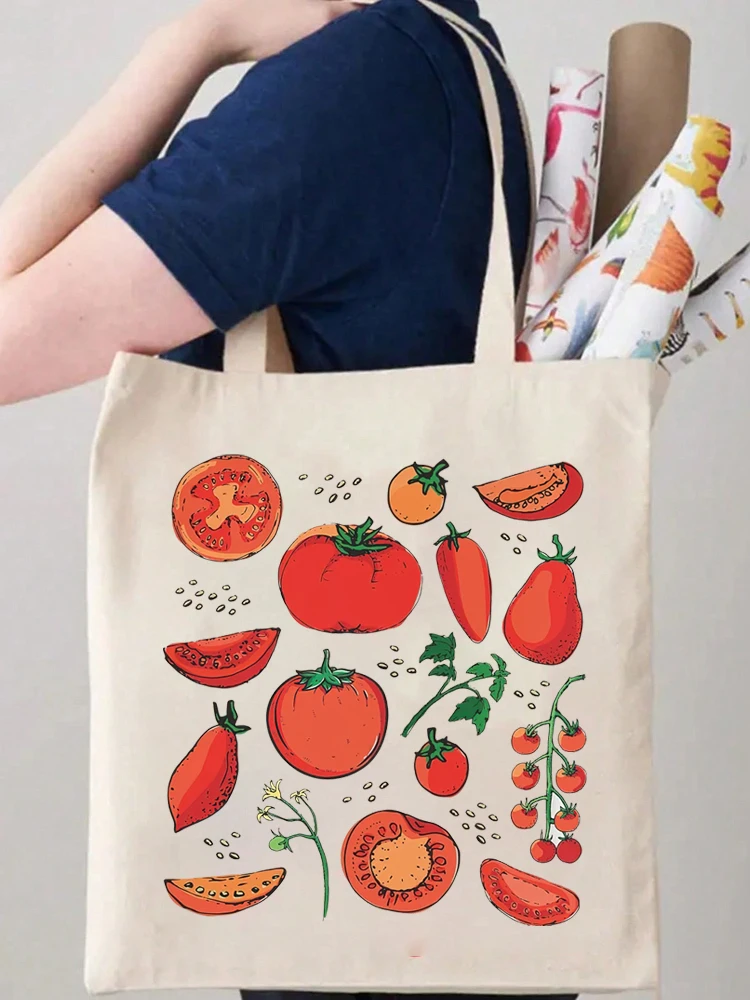 

1pcs Tomato Pattern Canvas Bag Student Single Shoulder Backpack Fashionable Simple Stylish Commuting Tote Bag