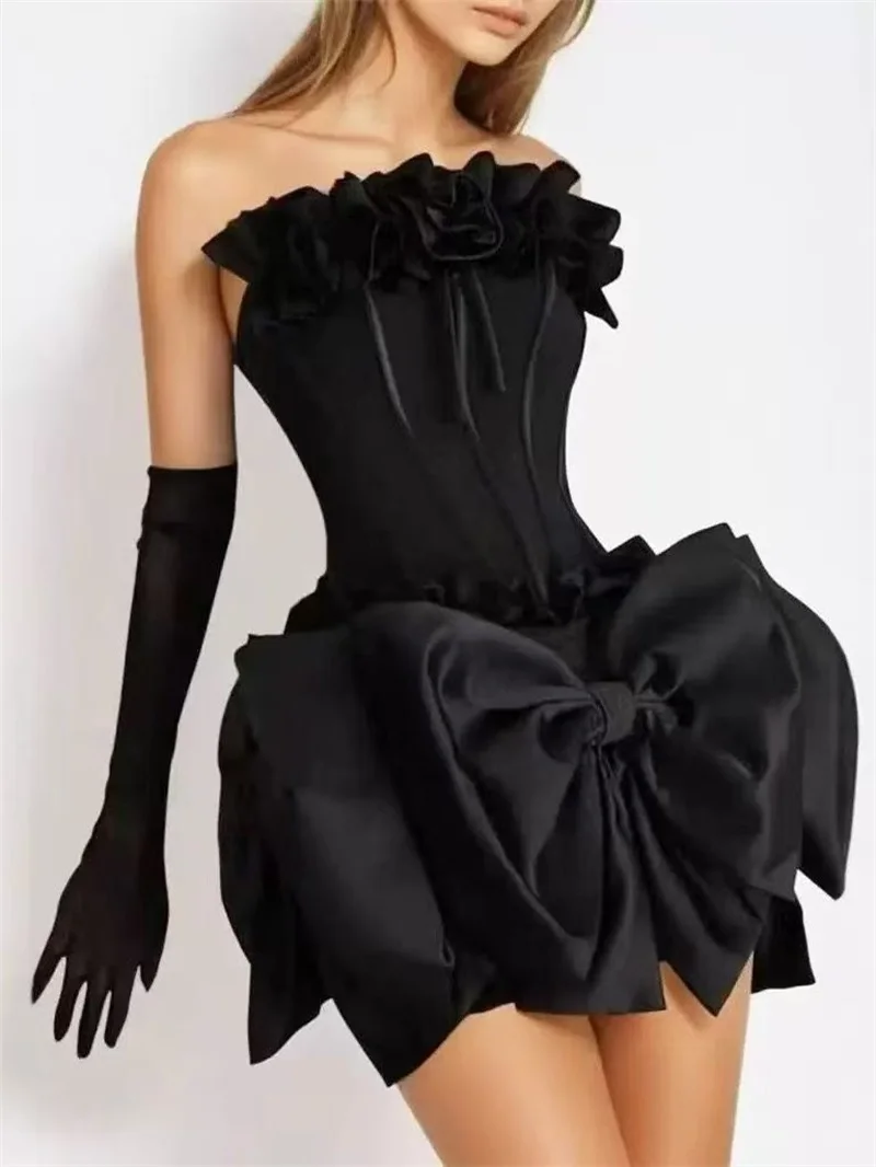 

Sexy Black Bandage Bow Prom Dress Detachable Sleeves Strapless Short Mini Sheath Party Gown Formal Bridal Wedding Birthday Robe