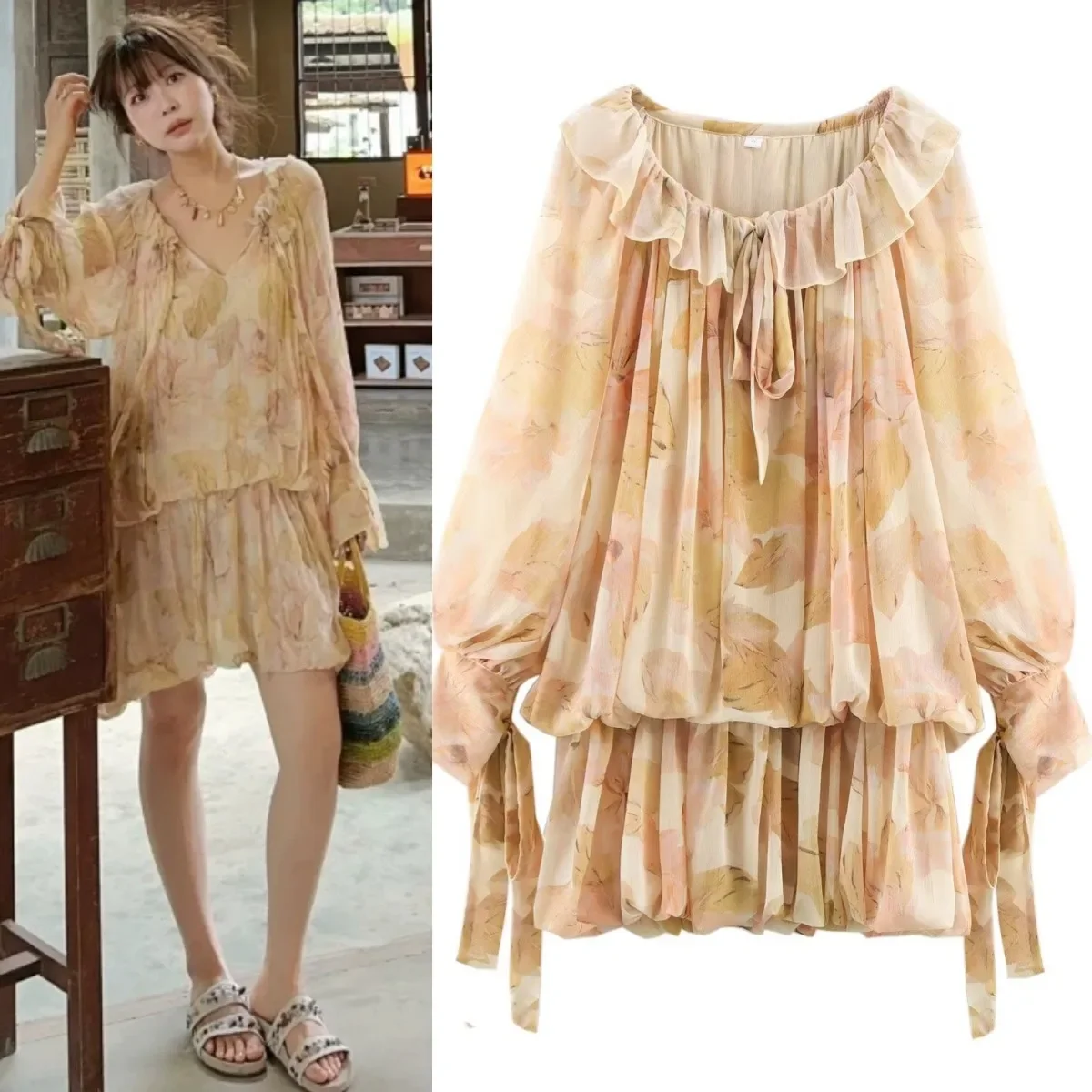 

Pop Summer New Women's Elegant Romantic Holiday Style Fashion Print Long Sleeve Adjustable V-neck Short Dress