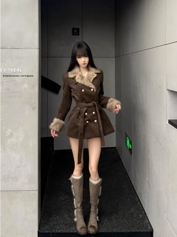 

Korean Sle Long Sve Woolen Coat Belted Slimming Outerwear for Women Faionable Ele Design Casual Chic Coat