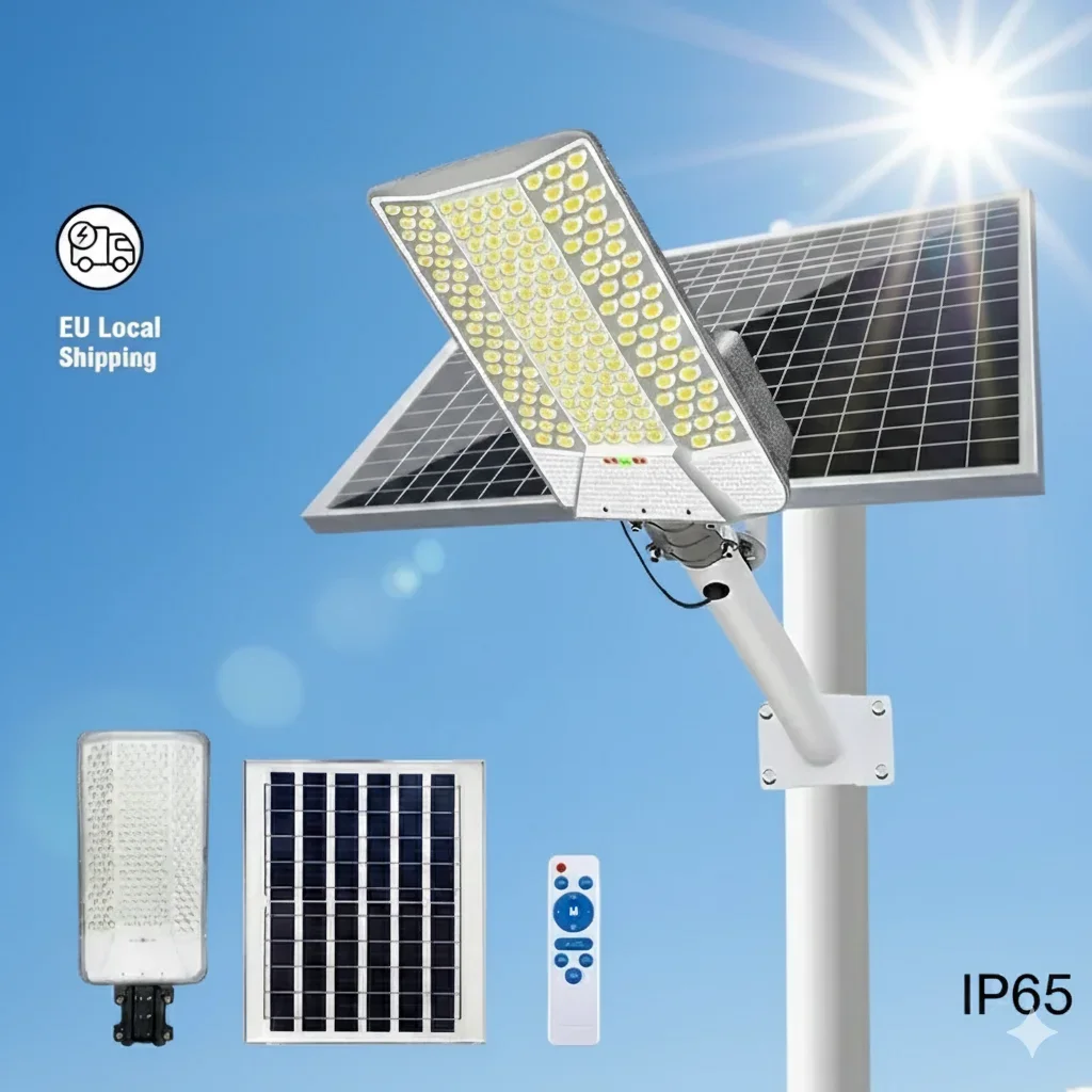 Image of Ultrahelle Solar-Straßenlaterne, 6500 W, Dämmerungs-zu-Dawn, automatisches Ein-/Ausschalten, 15.000 mAh, ferngesteuerte Sicherheitslampe für Hof, Garten, Terrasse