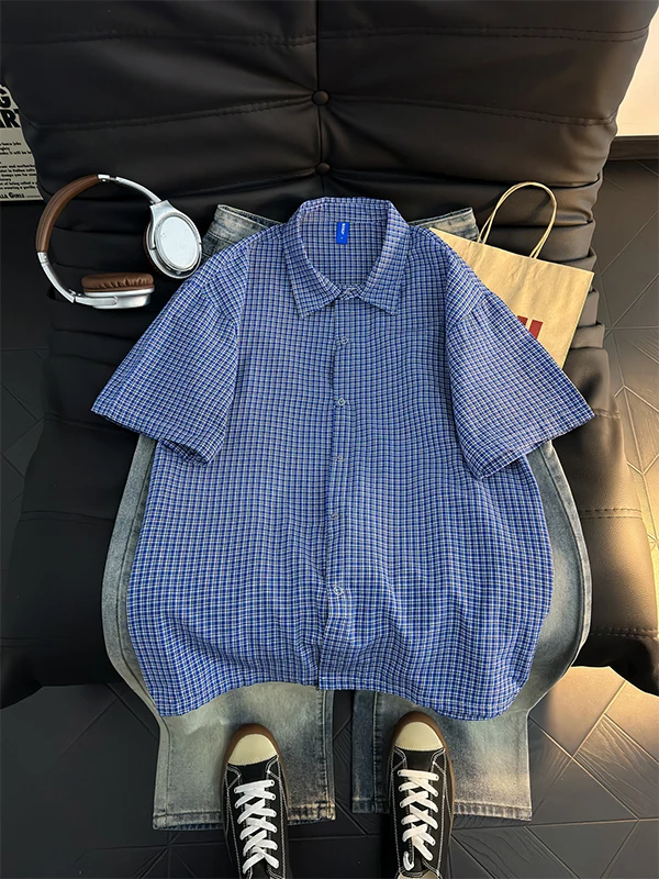 American Retro Plaid Short Sleeve Shirt Men Summer Loose Casual Versatile Top Trendy Brand Couple Style Shirt Jacket
