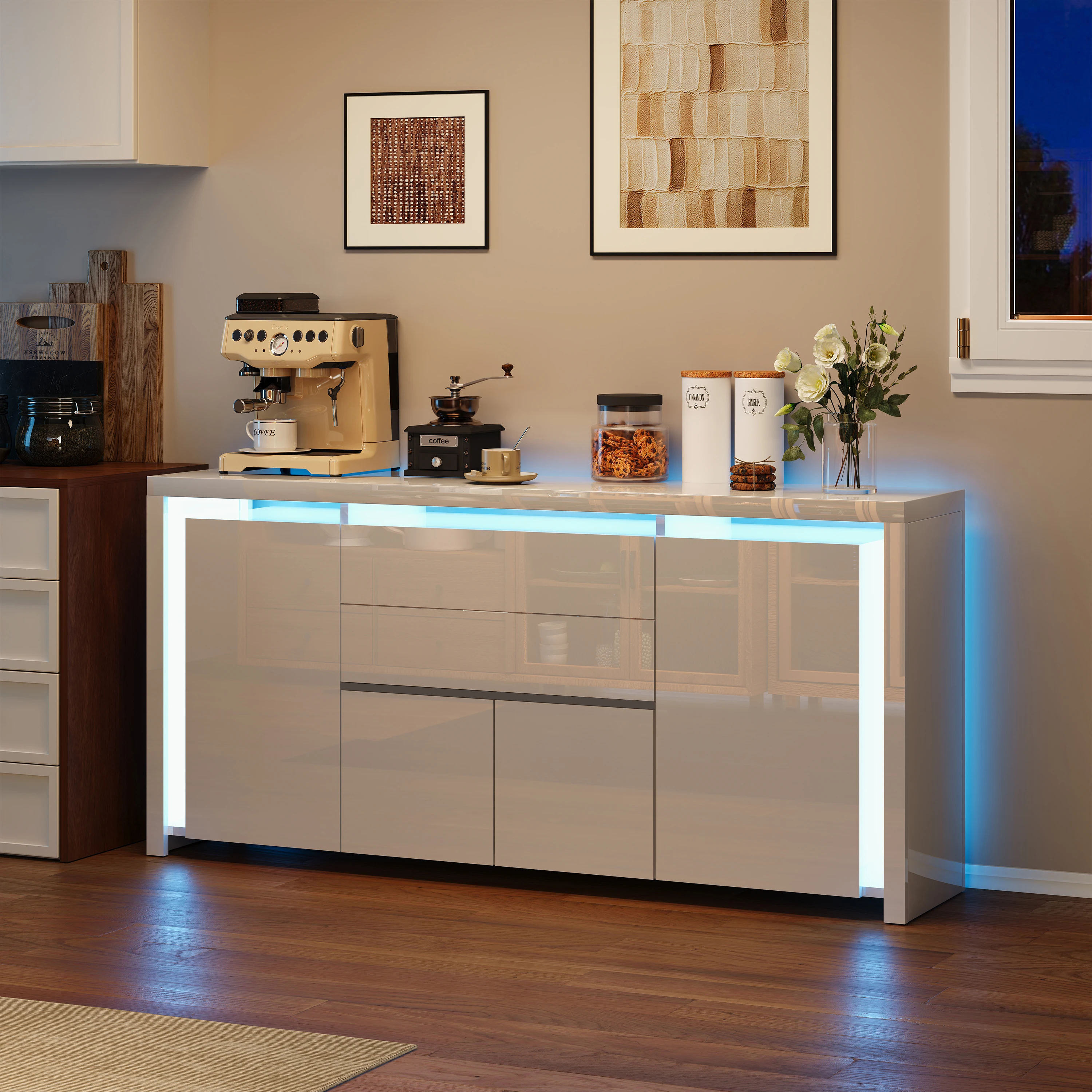 Aparador de Alto Brillo para Sala de Estar con 3 Cajones y 2 Puertas, Mueble Buffet con Barra de Luz LED, Mueble para Sala de Estar