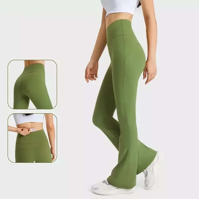 Groove wide leg flared long pants for women with high waist and hip lifting elastic casual fitness exercise yoga pants