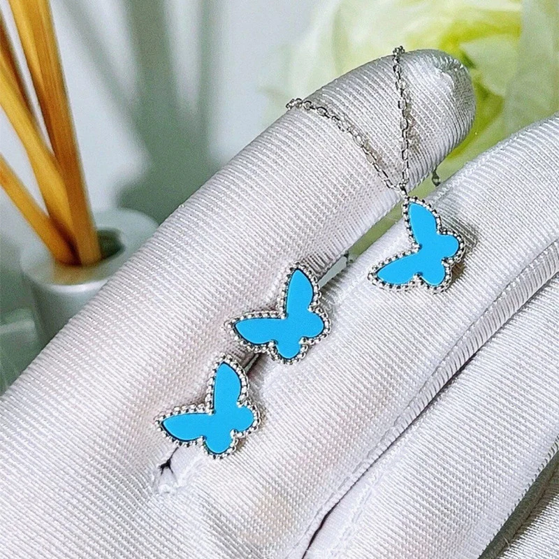 

Classic 925 Sterling Silver Turquoise Mini Butterfly Necklace Bracelet Earrings Women's Elegant Fashion High Grade Jewelry Set