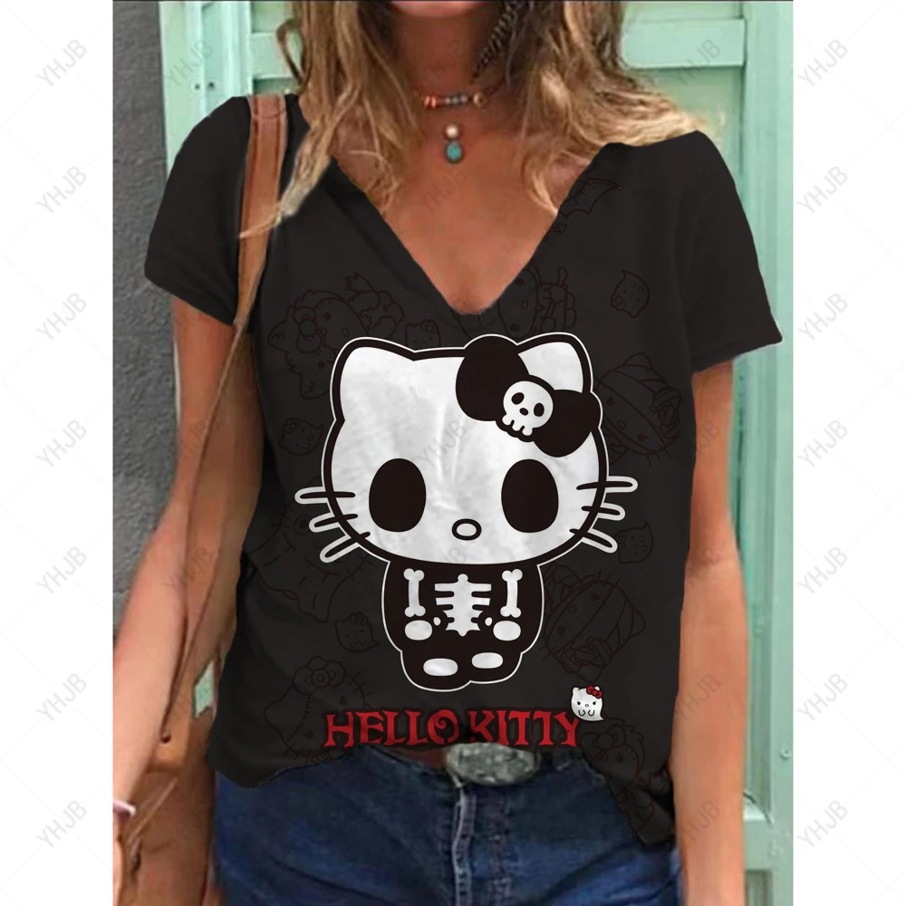 

2025 Summer Hot Sale Cute Ladies V-Neck T-Shirt 3D Printing Hello Kitty Cartoon T-Shirt Ladies Top Funny Clothing Short Sleeve