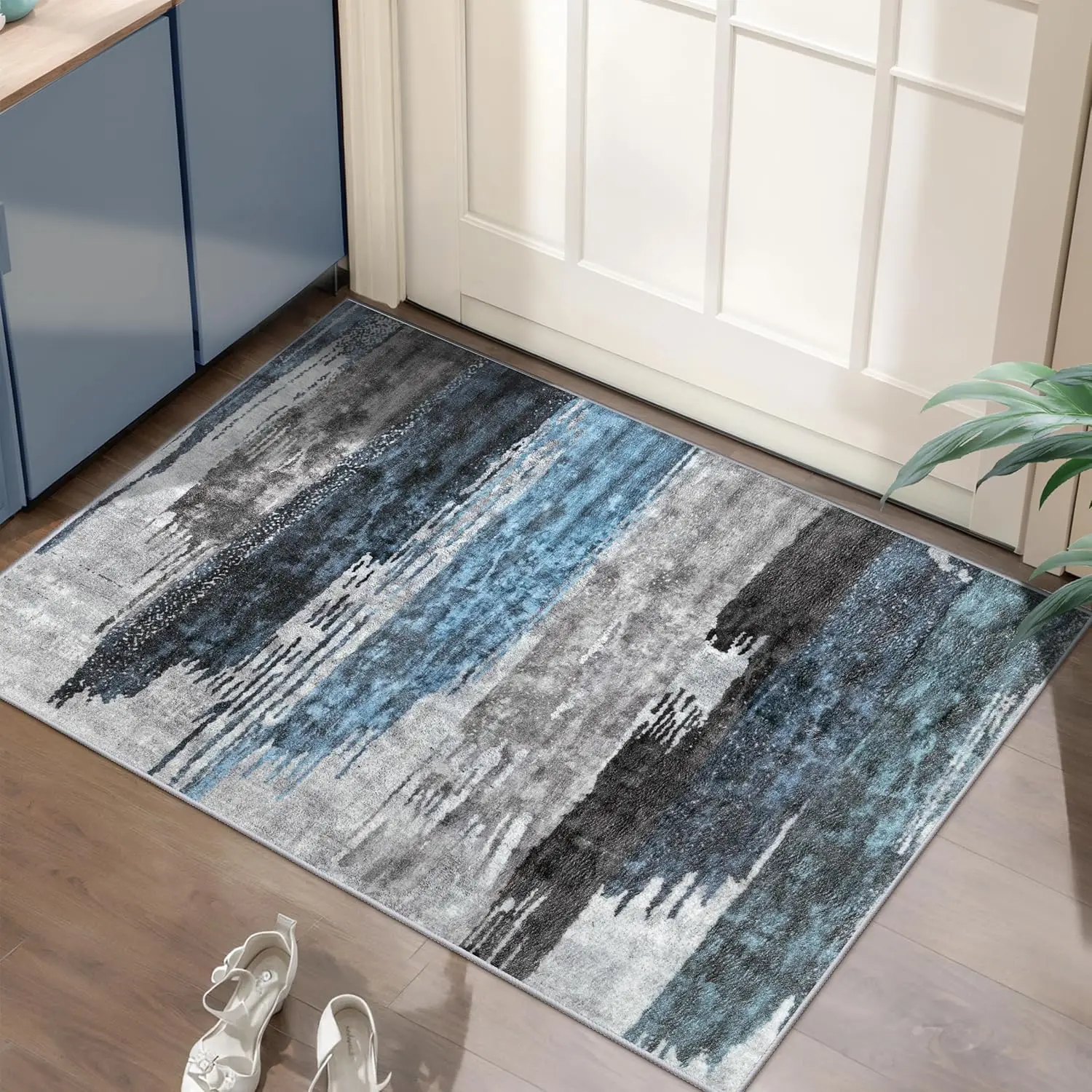 

Modern Abstract Area Rug 2x3 Washable Small Entryway Rug, Non-Slip Low Pile Throw Rug, Blue Grey Floor Carpet for Living Room