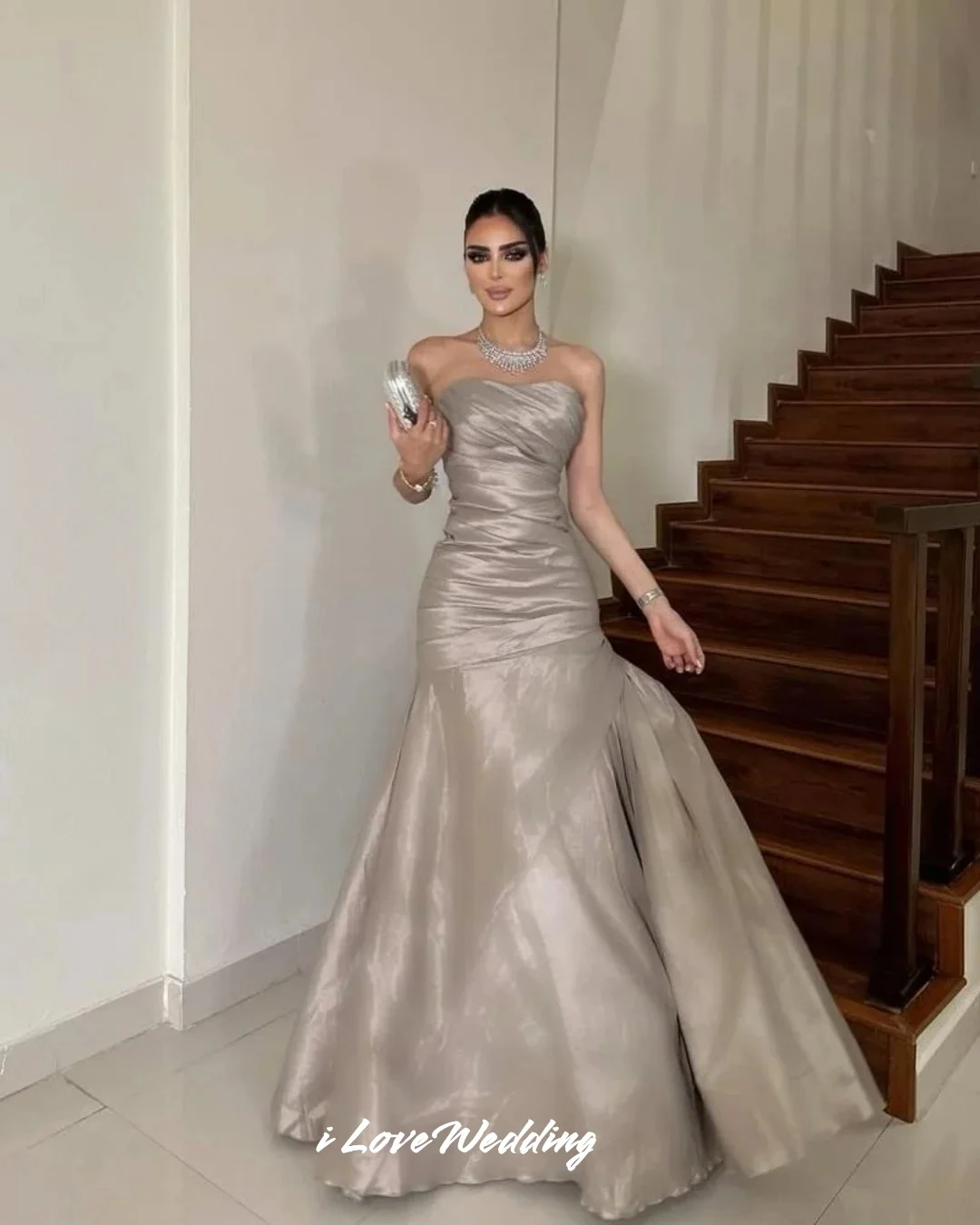 Gray Strapless Evening Dresses 2025 Sleeveless Mermaid Floor-Length Prom Dress Elegant Pleated Wedding Party Dresses Customized