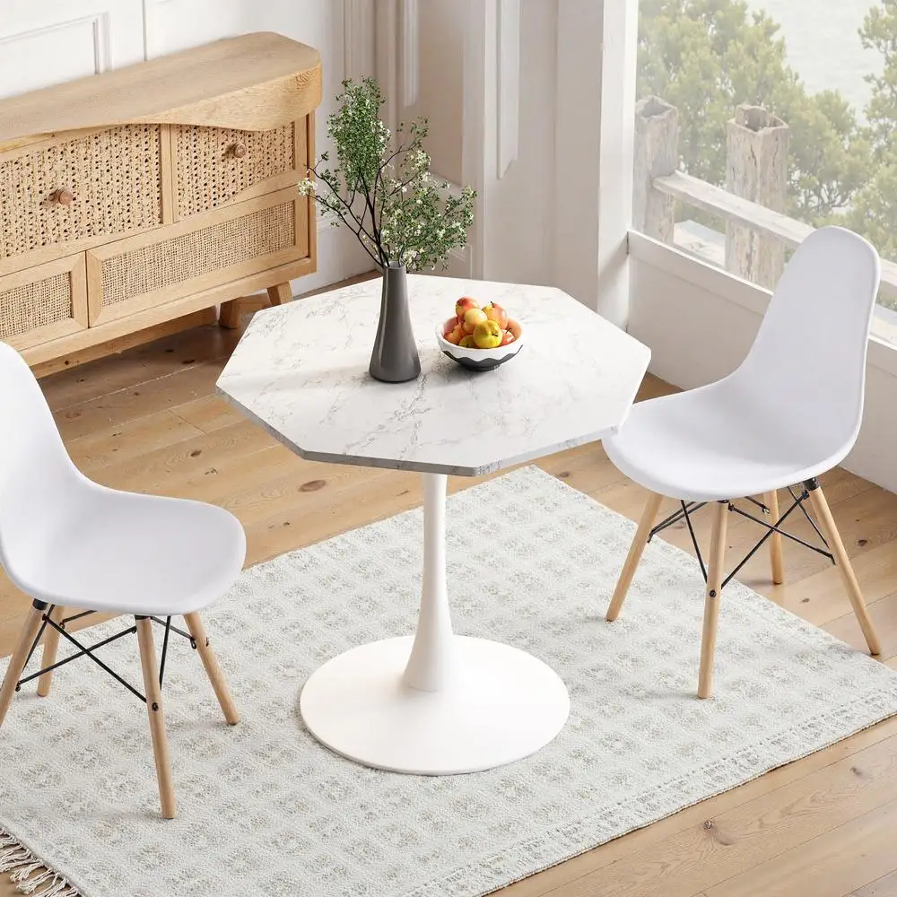 

Modern Octagonal Coffee Table White Marble Print MDF Top Metal Base 31.5 Inch Round Accent Table for Living Room