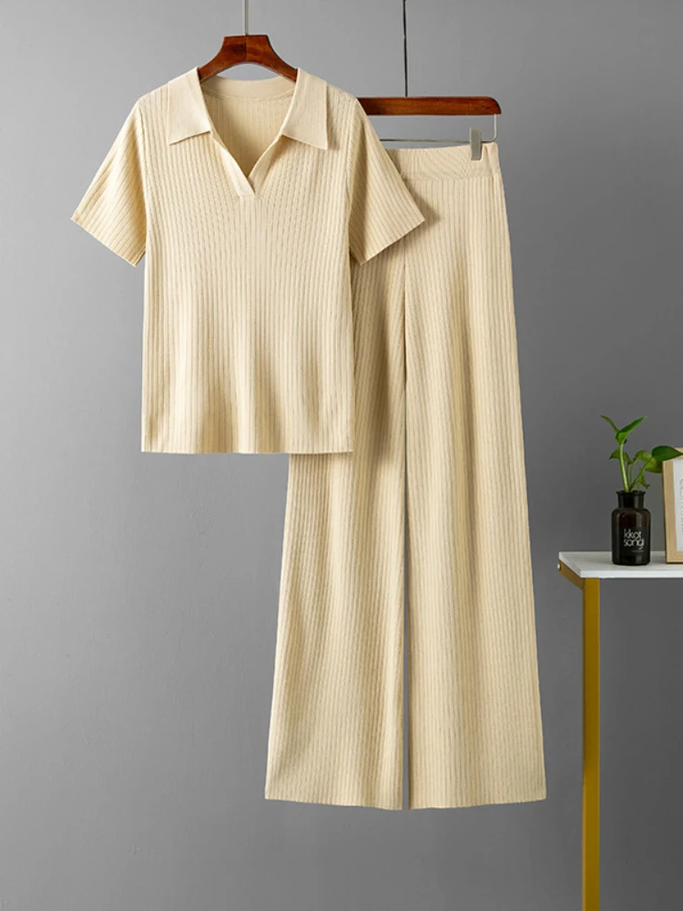 Two Piece Sets Womens Outifits Polo Collar Pullover Short Sleeved Top Slimming Versatile Solid Wide Leg Pants Fashion Pant Sets