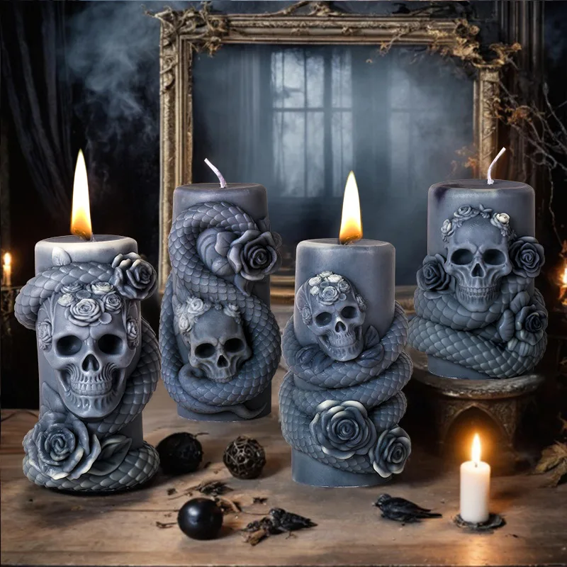 Skull Cylinder Candle Silicone Mold DIY Snake Skull Relief Flower Aromatherapy Resin Gypsum Molds Halloween Decoration