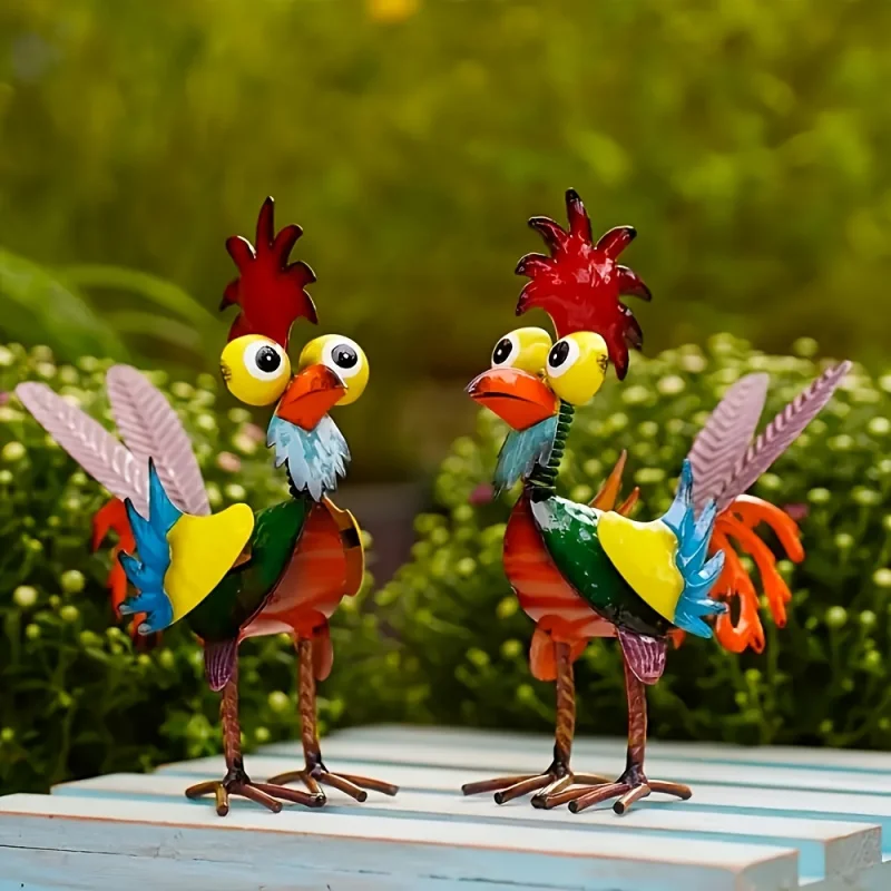 1PC Colorful Metal Rooster Garden Statue Hand‑Painted Iron Bird Sculpture Yard Lawn Patio Outdoor Art Decor Ornament
