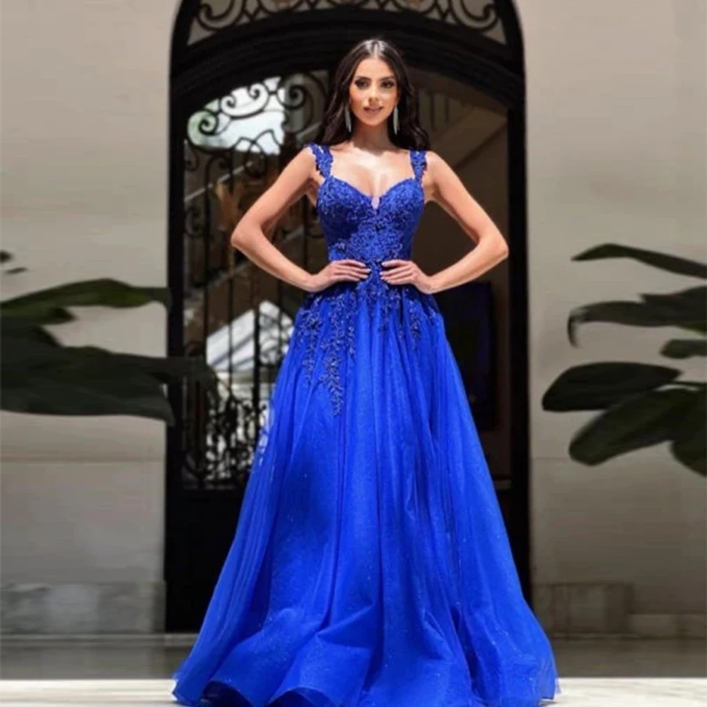 Vestidos De graduación De línea a para mujer, traje Sexy sin mangas, escote Corazón, fiesta Formal en la playa, Apliques De encaje, tul De celebridades a la moda, azul