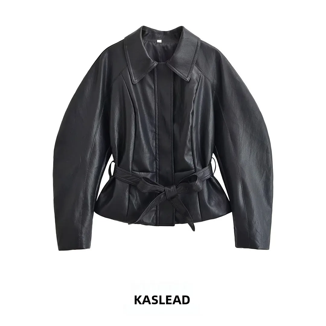 KASLEAD Women's Fashion High Waist Belted Leather Jacket Windproof Short Sleeve Zipper Closure Polyester Fiber Autumn Season