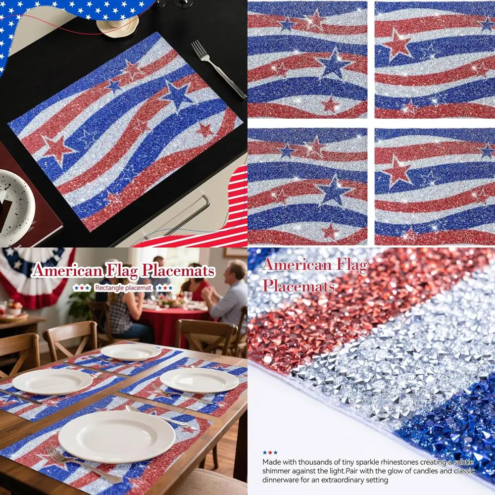 

Patriotic 4th July Placemats Set, 12x18 Inches, USA Flag & Glitter Rhinestones for Independence Day Dining