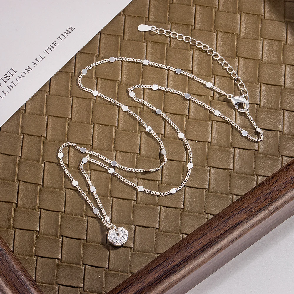 PANJBJ 925 Sterling Silver Necklace Texture Lucky Lock for Women Irregular Design Hollow Out Pendant Jewelry Gift Dropshipping
