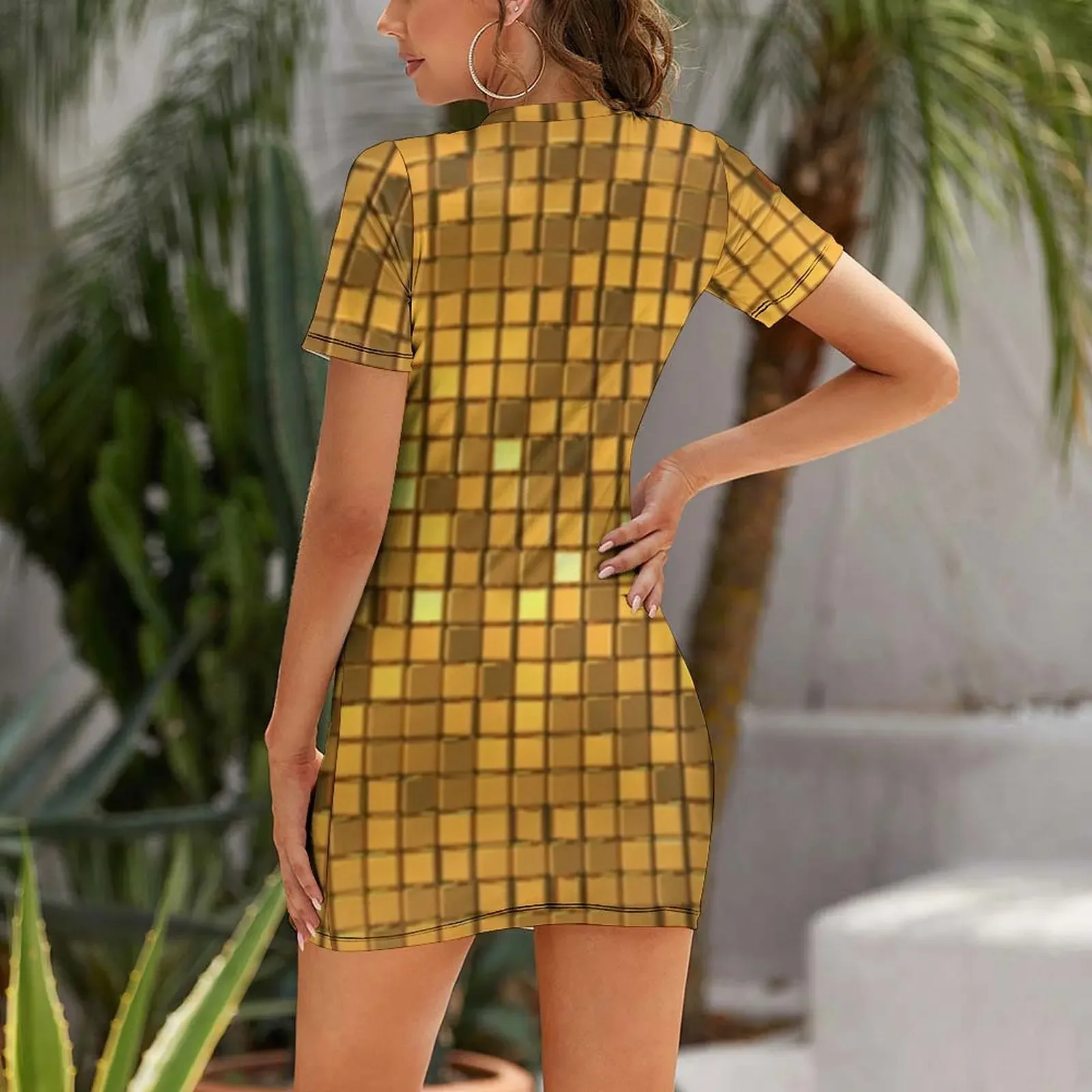 Golden shiny disco ball Short-Sleeved Dress evening dresses women wedding guest dress 2025 Dress