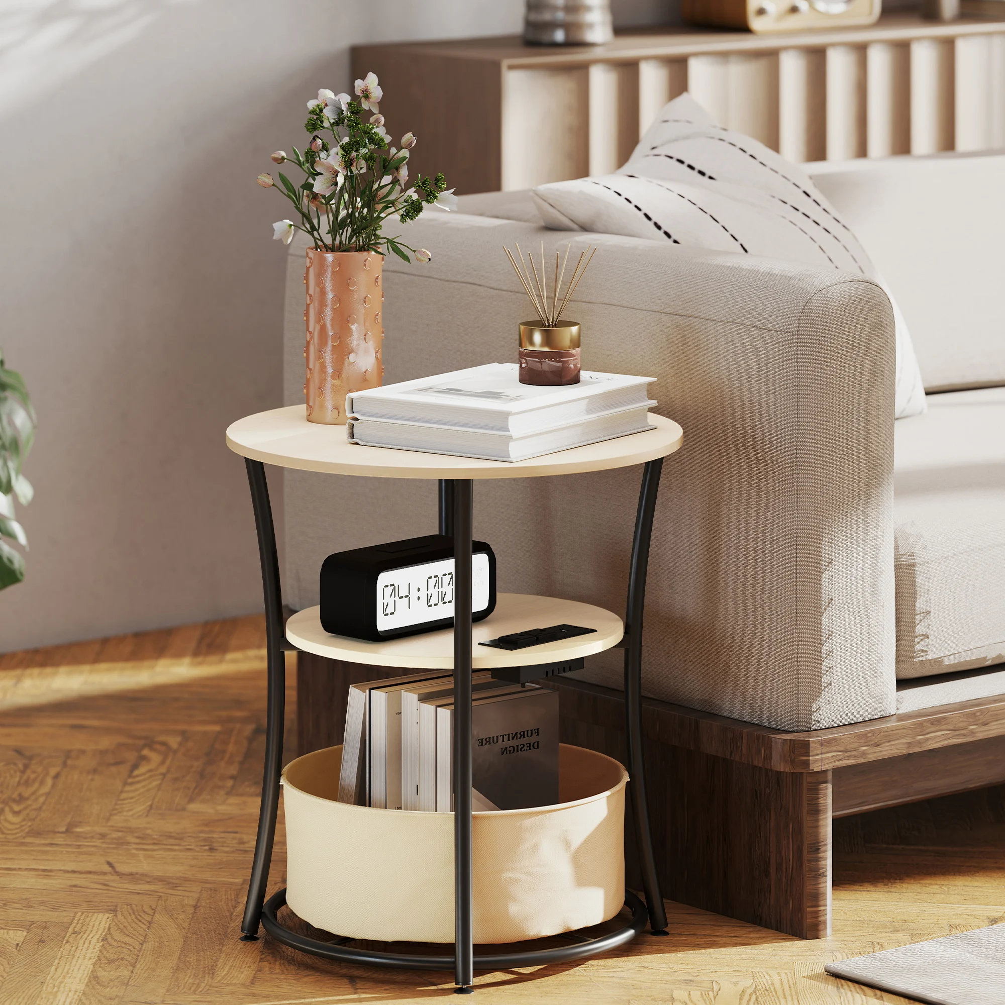 

Round Industrial Side Table with Charging Station 3 Tier 19.7 Inch Wood Grain End Table with Usb Ports 26 Lbs Capacity