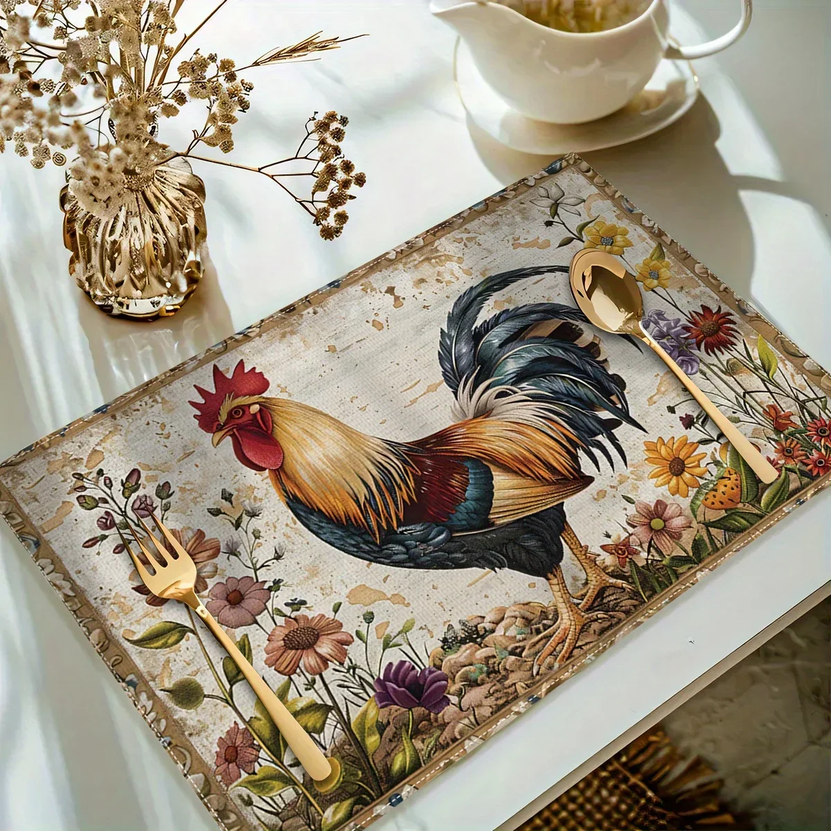 Vintage Rooster & Floral Print Placemat, Farmhouse Vibe, Ideal for Rustic‑Style Home & Dining Table Settings