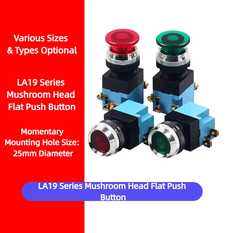 LA19 Mushroom Head Momentary Illuminated Push Button Switch 11D J for CNC Machine Tool Bender Power Start Stop Control Equipment