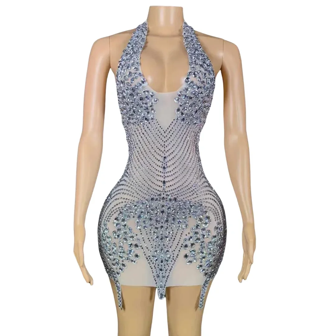 

Luxury White Rhinestone Backless Short Dress For Women Sleeveless Evening Prom Queen Dressy Birthday Homecoming Celebrate
