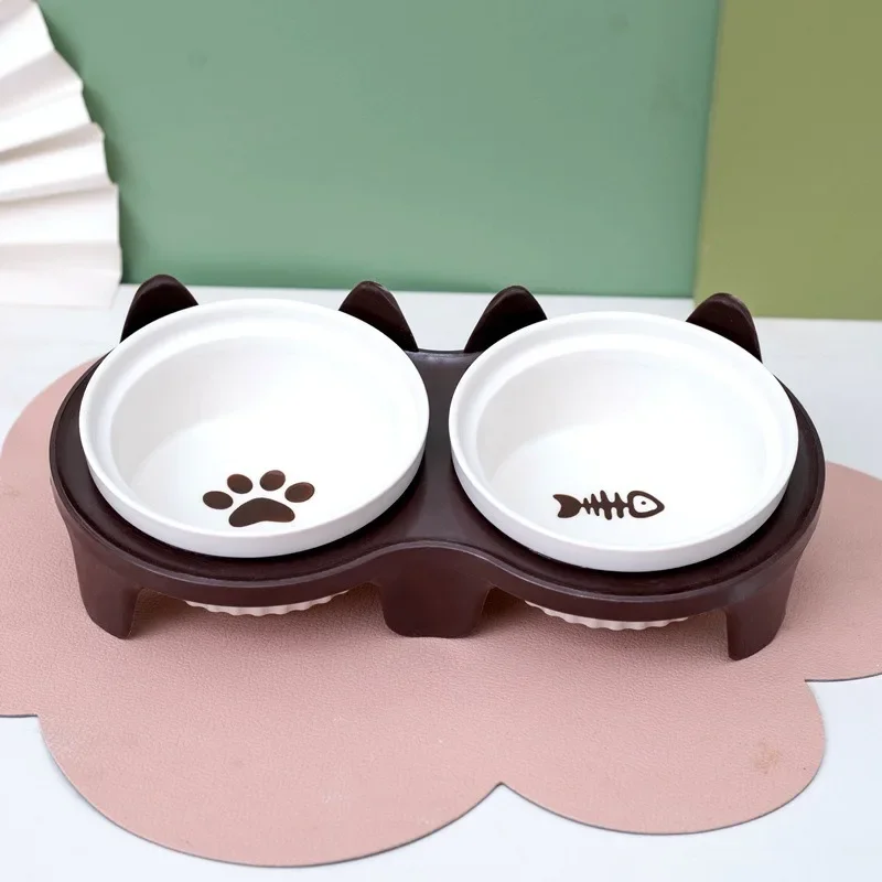 Cat bowl ceramic double bowl water bowl protection cervical spine cat food drinking water pet supplies