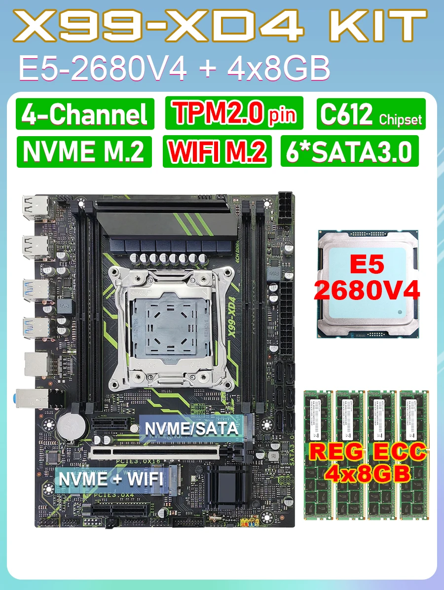 X99 ​ اللوحة الأم XD4 tpm 2.0 Xeon Kit E5 2680 2690 V4 CPU DDR4 RAM مجموعة كاملة LGA 2011 V3 اللوحات الأم X99 مع المعالج
