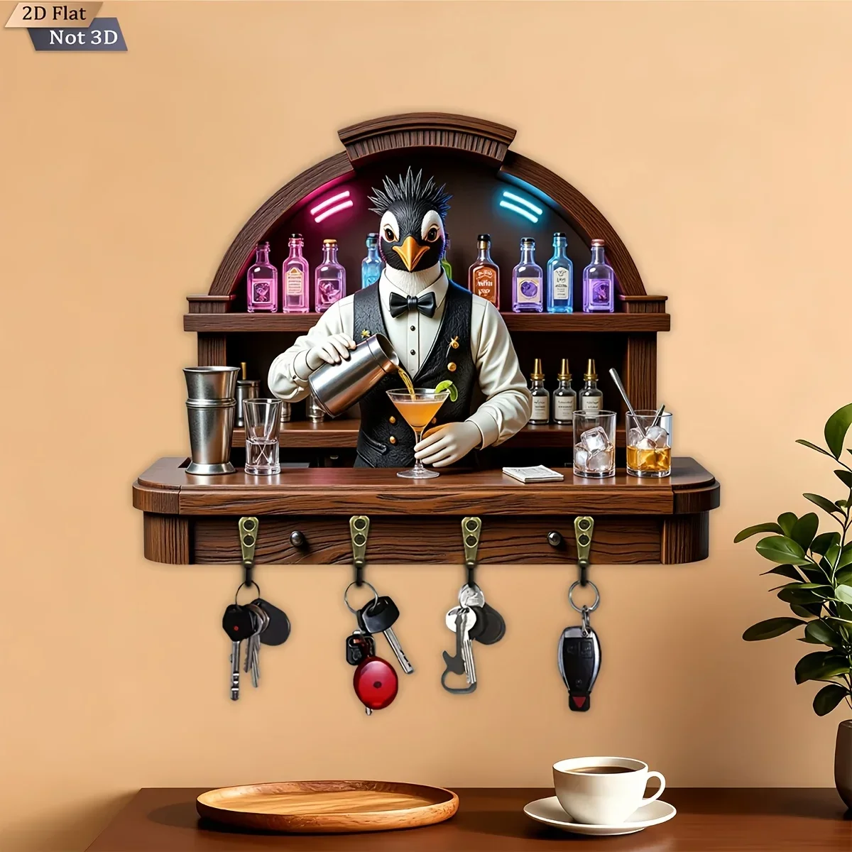 2D Flat, 1pc, Penguin Bartender Style Key Hook Wooden Multifunctional Home Key Holder with 4 Metal Hooks, Wall Decoration,