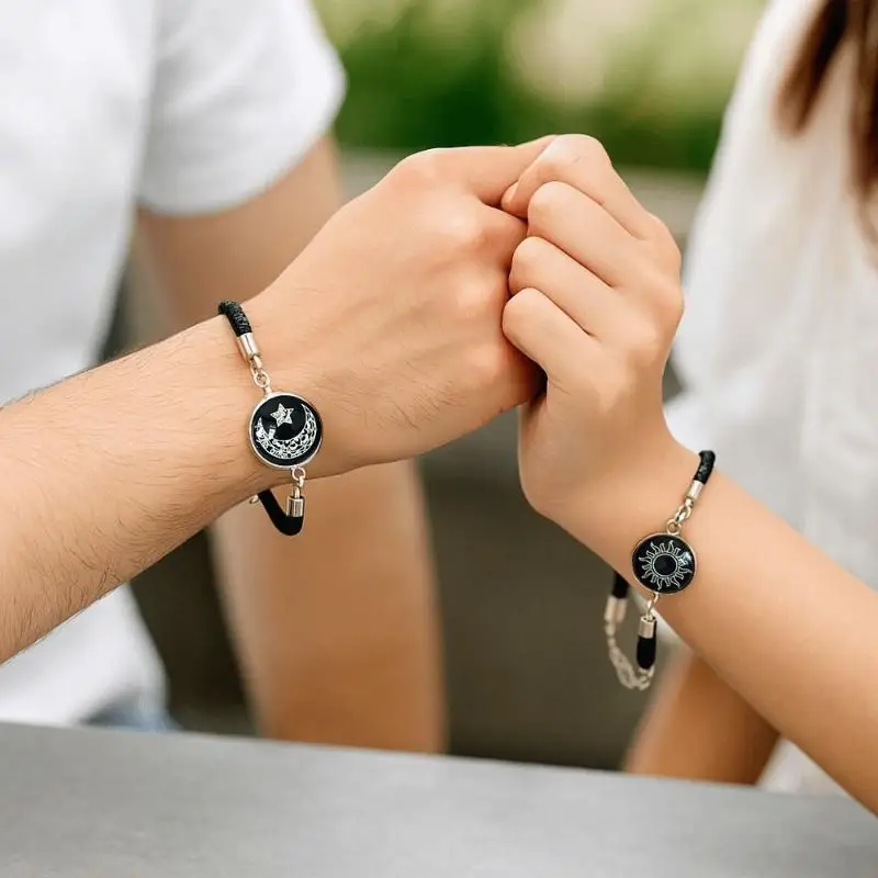 1 Pair Casual Accessory Sun Moon Pattern Couple Bracelet Luminous Adjustable Braided Bracelet Punk Rope Bracelet Couple Wear