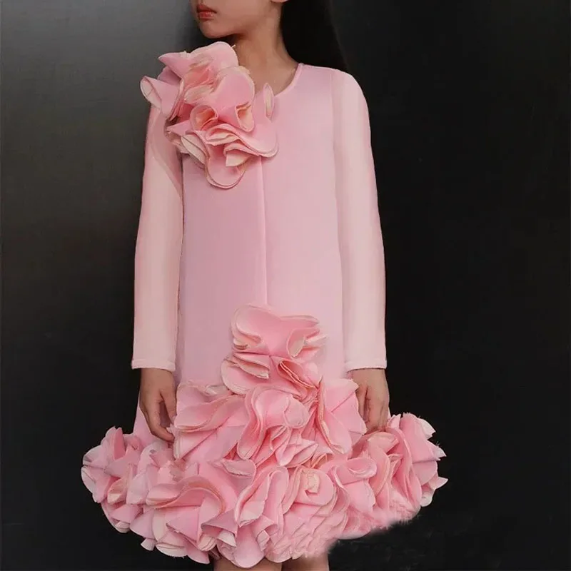 

Children's Pink Floral Party Dress Long Sleeve Bridesmaid Wedding Dress for Girls Ages 3-12 Flower Girl Autumn Winter