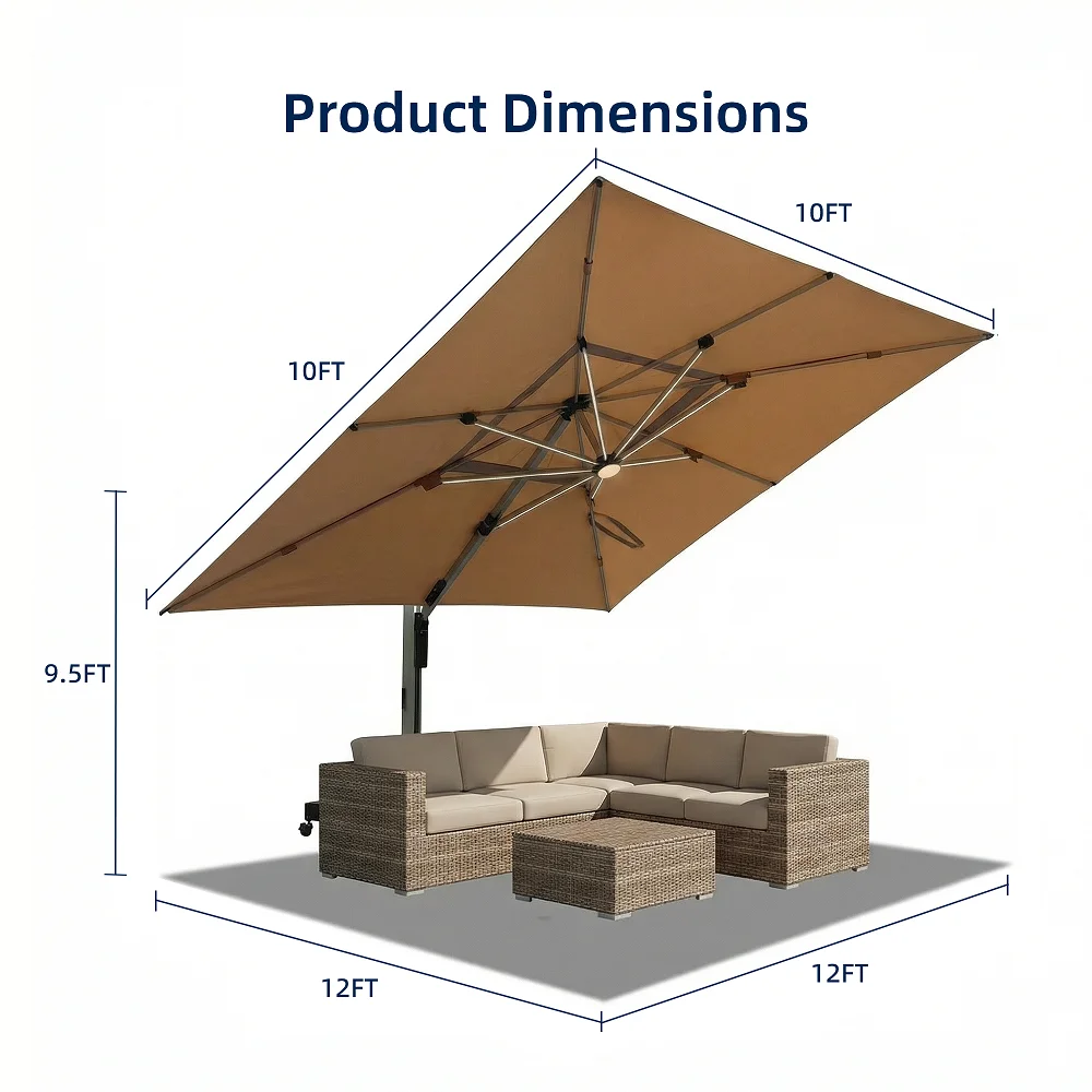 Luxury Royal Parasol 3*3m 360° Rotating Aluminum 123mm Pole Led Cantilever Patio Umbrella for Hotel Villa