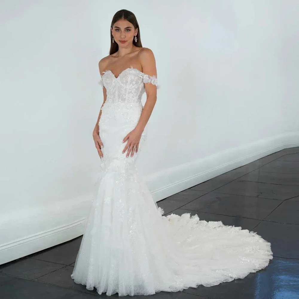 

Flavinke Customized Mermaid Wedding Dresses Women Bride Off the Shoulder Sweetheart Zipper Sweep Train Tulle vestidos de novia