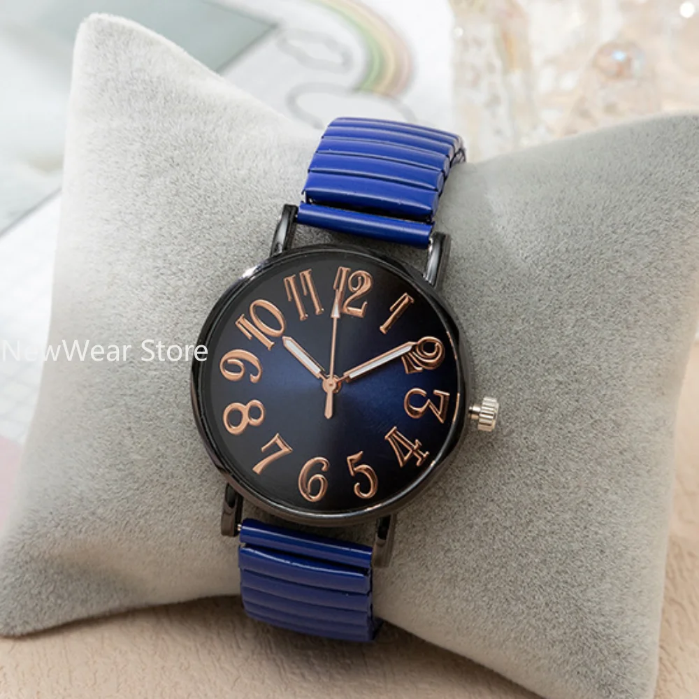 Luxury Simple Digital Blue Ladies Quartz Watch Fashion New Brand Stretch Stainless Steel No Buckle Women Clock Watches