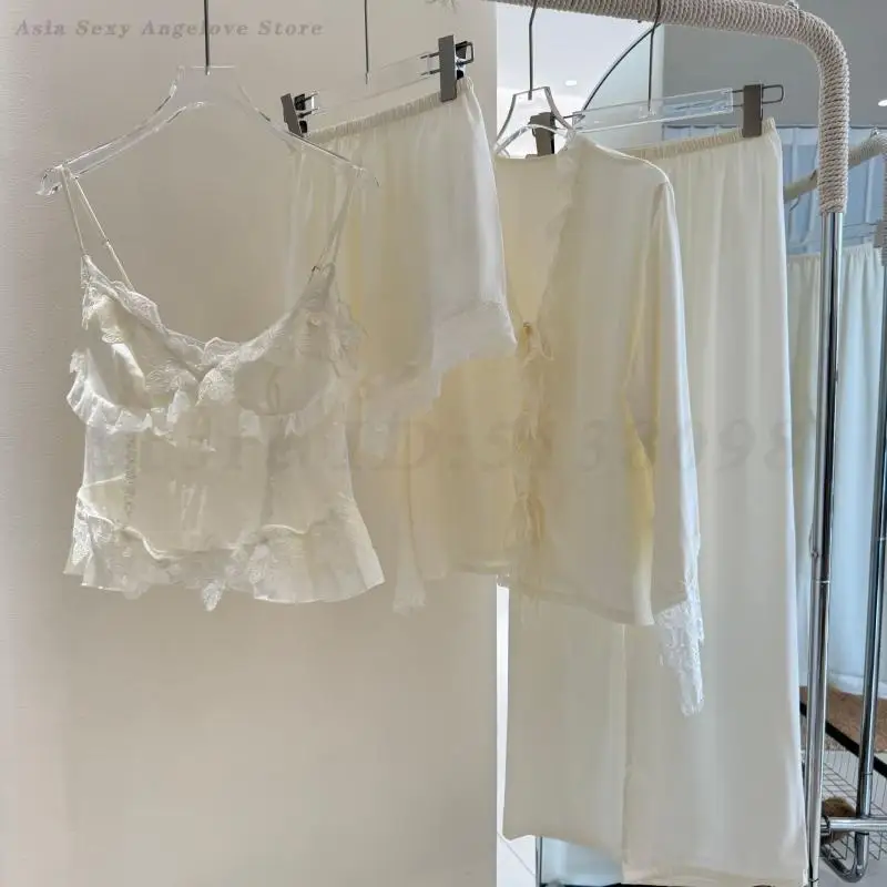 

Spring Summer New Pajamas Set Lingerie Sexy Sweet Lace Trim Cami Shorts Shirt Pants 4PCS Nightwear Rayon Home Clothes Loungewear