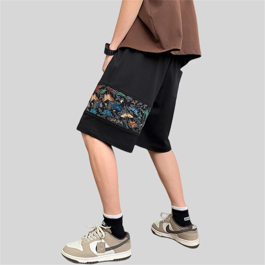 Plus Size Patchwork Shorts Men Loose Casual Pants Chinese Style Butterfly Embroidery Shorts Ribbon Design Bottom Summer 5XL